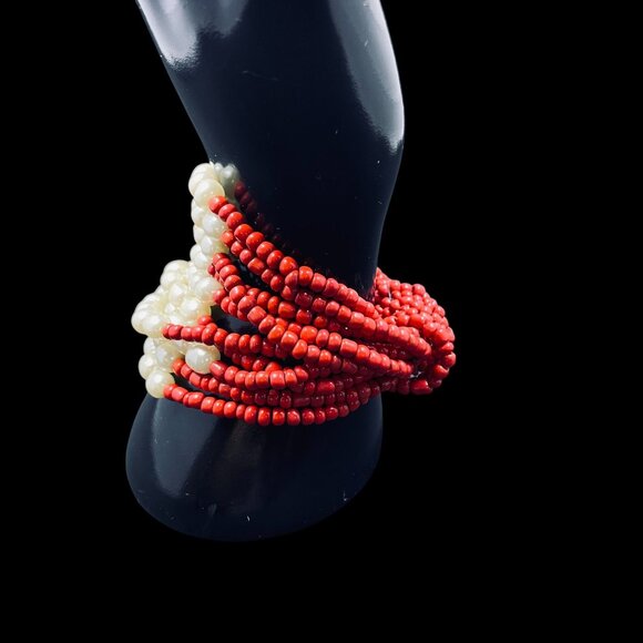 Chunky Pearl Beaded Bracelet Red White Statement Stretch Boho Layered Y2K - Picture 6 of 10